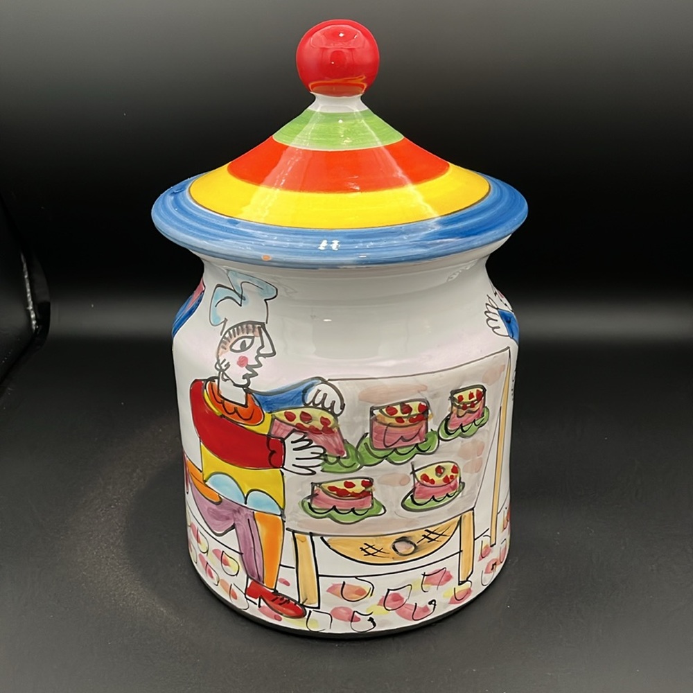 La Musa Italian hand painted ceramic cookie jar. Colorful Picasso style figures.